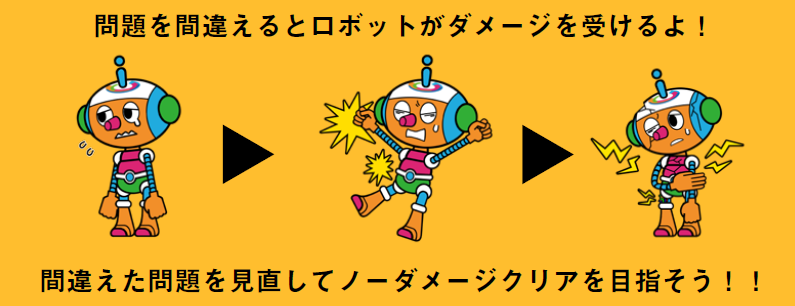問題を間違えるとロボットがダメージを受けるよ